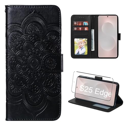 Rojeuinn Funda Compatible con Samsung Galaxy S25 Edge 5G con 1 Vidrio Templado de protección, Cierre magnético con Solapa, Cuero PU y Libro Movil Carcasa,Función de Soporte y Billetera Caso - Negro