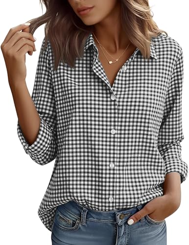 HOCAIES Long Sleeve Plaid Shirt for Women Gingham Tops Loose Fit Casual Spring Top V Neck Dress Shirt Black and White Plaid M