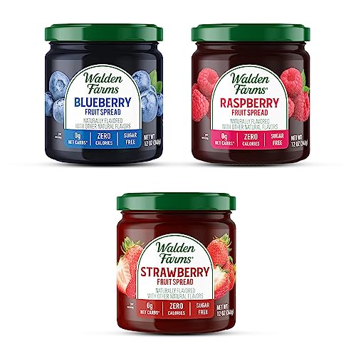 Walden Farms Fruit Spread Variety Pack Blueberry, Raspberry & Strawberry Fruit Flavors – Zero Calorie, Low Carb, Keto-Friendly, Vegan, Sugar-Free – 3-Pack, 12 oz Bottles