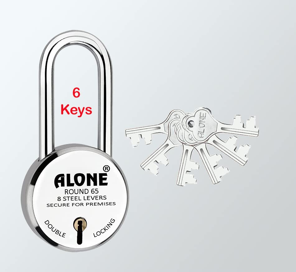 Alone Locks 65mm New Round Padlock with Long Shackle | Double Locking | 8 Steel Levers 6 Keys | Lock and keys for Home Door Main Gate Shop Shutter Lock | Made in India | Export in UAE | SA (Pack of 1)-image-30