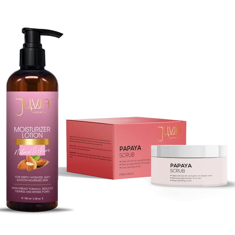 JUVIA ESSENTIALS Moisturizer Lotion 100ml, Papaya Facial Scrub 200-g, Skin Care Combo, for men and women daily use
