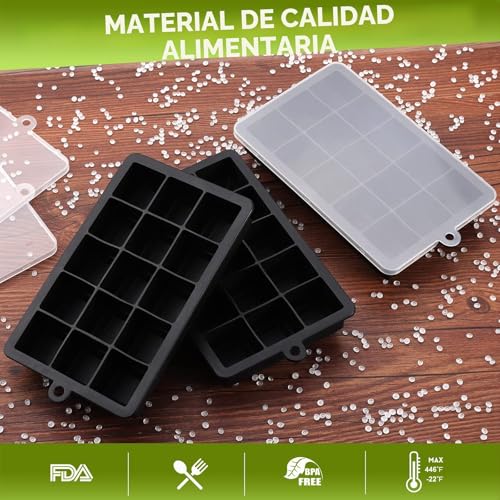 Miniatura 5 de 3 Piezas Cubiteras Para Hielo Silicona Con Tapa,Bandejas De Cubitos De Hielo Cuadrados Grandes De 3,5cm, 45 Cubos Silicona Moldes,Para Cócteles,Whisky,Vino,Frutas,Puré De Frutas