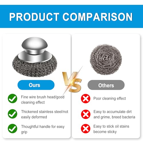 Stahlwolle Schrubber mit Griff 4 Stück Stahlschwamm Topfreiniger Edelstahl Schwamm zum Reinigen von Geschirr, Gusseisen Suppentöpfe, Pfannen, Grills Usw