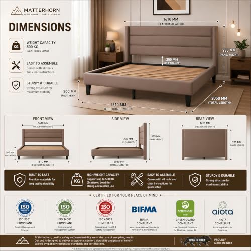 MATTERHORN Queen Size Taupe Fabric Bed - Image 6