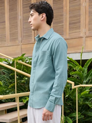 Image of Bewakoof Mens Solid Regular Fit Full Sleeve Collar Cotton Linen Blend Shirt