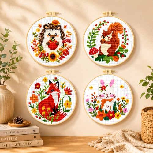 Image of Zhenqing 4 Pack Woodland Animal Stamped Cross Stitch Kit, 11CT Printed Fox Squirrel Hedgehog Bunny Patterns with Hoop and Tools for Adults and Beginners