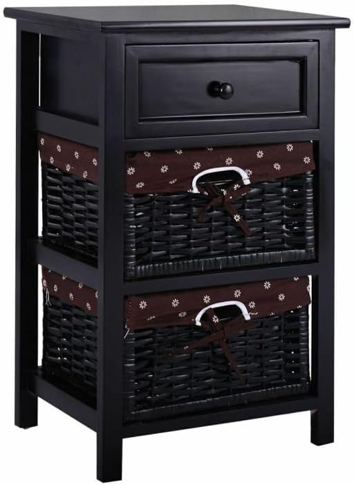 Miniatura 7 de Safeplus Mesita de noche de madera, mesa auxiliar con 1 cajón de madera y 2 cajones de mimbre, organizador de almacenamiento para sofá de noche para