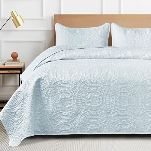 Siyaluens Quilts Set for Queen Size Bed, Soft Quilt Lightweight Microfiber Bedspread, Circle Geometric Pattern Ultrasonic Quilting Bedding Bedspreads with 2 Pillow Shams for All Season (Light Blue)