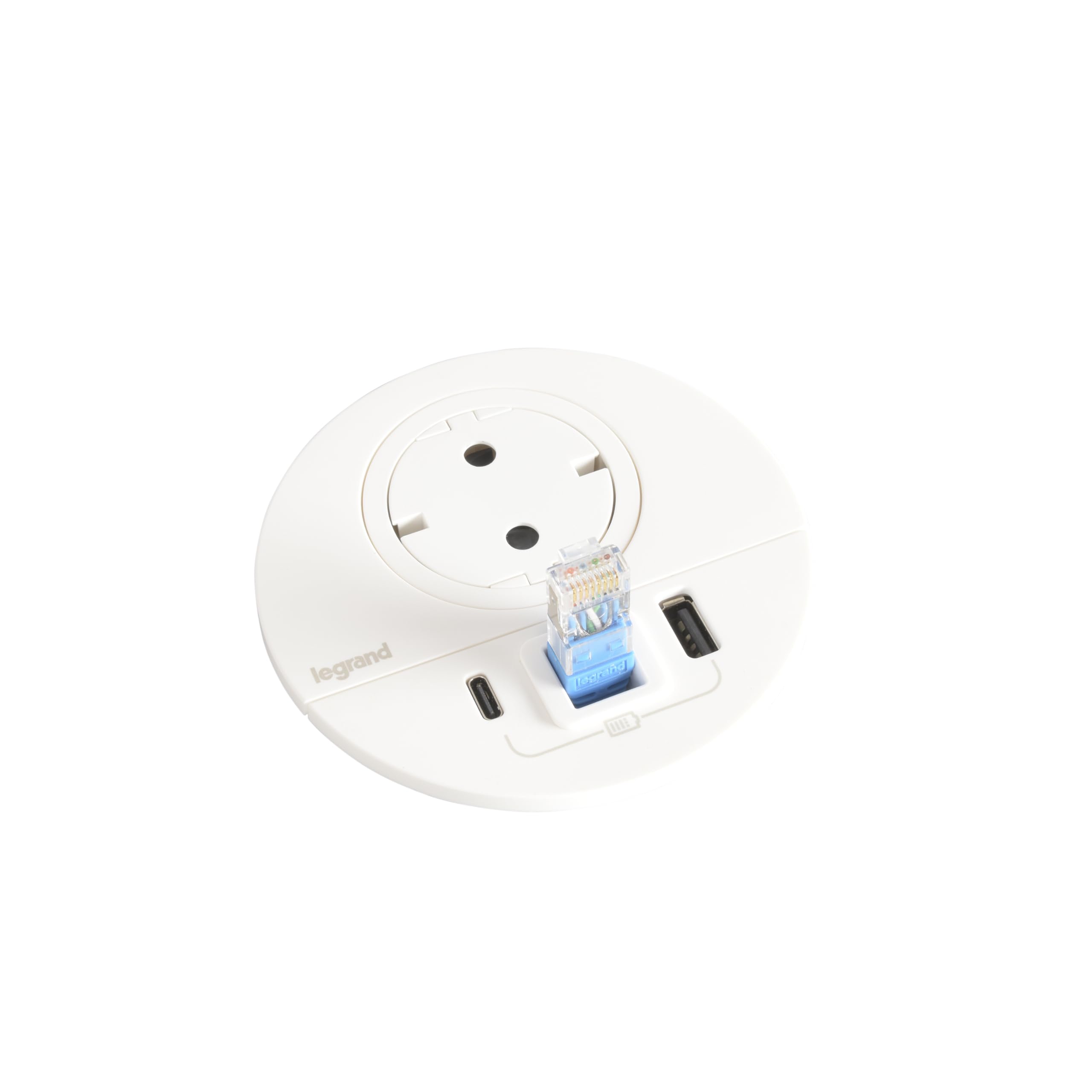 Legrand, Incara Disq 80, gniazdo ładowania USB A+C, wyjście kabla do kabla sieciowego, gniazdko stołowe, gniazdo do zabudowy, ładowarka wielokrotna, 15 W, kabel 2 m, wtyczka 2P + E, kolor: ultrabiały,