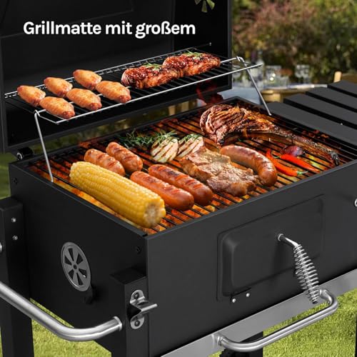 Foto von WOLTU Holzkohlegrill mit Deckel, große Grillfläche, variable Kohlewanne, Smoker Grill BBQ mit Grillrost, Thermometer, Grillwagen für Camping, 117 x 107 x 71 cm, Schwarz
