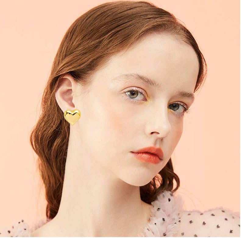 ONLYJUMP 14K Gold Plated Chunky Heart Statement Earrings for Women Trendy Puffy Heart Teardrop Dangle Stud Earrings Minimalist Geometric Heart Earrings - Image 4