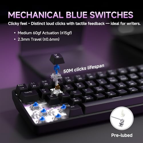 Image of DIERYA DK68 60% Wireless Mechanical Gaming Keyboard, 3-Mode, Bluetooth 5.0 /2.4G /USB-C, RGB Backlit, 68-Key Compact Mini for Windows, Mac, Linux - Clicky Blue Switch - Black