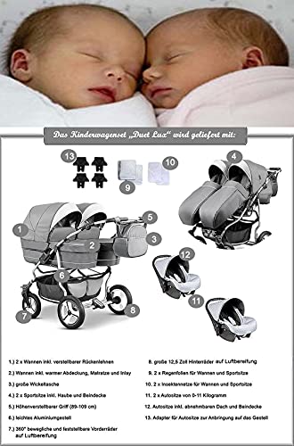 Zwillingskinderwagen Geschwisterwagen DUET LUX Komplettset 3 in 1 in 17 Farben
