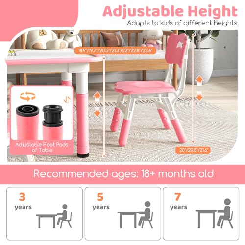 Costzon-Kids-Table-and-4-Chair-Set-Height-Adjustable-Toddler-Desk-and-Chairs-with-Graffiti-Desktop-Non-Slip-Legs-Children-Art-Study-Multi-Activity-Table-Set-for-Home-Daycare-School-Pink Costzon Kids Table and 4 Chair Set Height Adjustable Toddler Desk and Chairs with Graffiti Desktop Non Slip Legs Children Art Study Multi Activity Table Set for Home Daycare School Pink