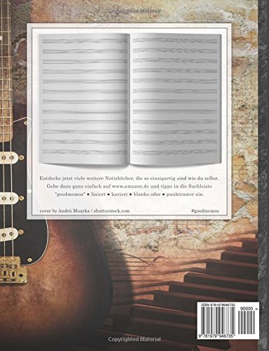 Notenheft: DIN A4 • 48 Seiten, 24 Blatt, 12 Systeme, „Gitarre“ • Original #GoodMemos Schulheft • Mit Inhaltsverzeichnis und Seitenzahlen, Noten-Lineatur 14