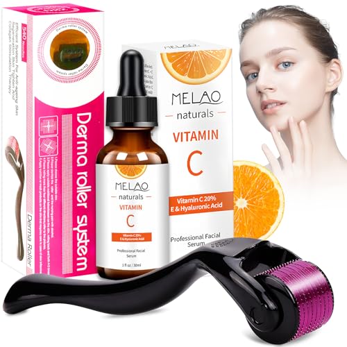 Vitamin C Serum Microneedling Set,Derma Roller 0.5mm mit Vitamin C Serum Gesicht,540 Titanium Derma Roller,Gesichts serum Vitamin C Vegan Anti-Aging Gesichtsserum,Entfernt Pigmentflecken und Aknemale