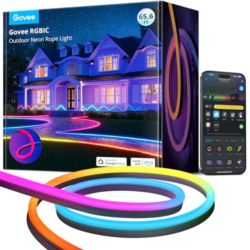 Image of Govee Outdoor Neon Rope Lights, 65.6ft RGBIC IP67 Waterproof Outdoor Decorations with 64 Scene Modes, Music Sync, Flexible LED Lights, Neon Lights Work with Alexa, Google Assistant