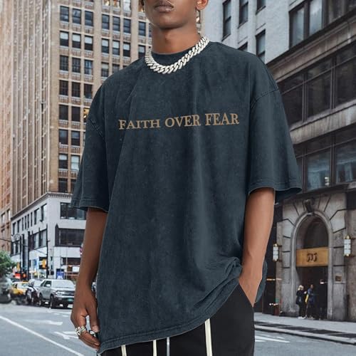 Image of Christian Faith Over Fear Shirt for Men Jesus Religious Shirts Oversized Graphic Tees Acid Wash God T-Shirt