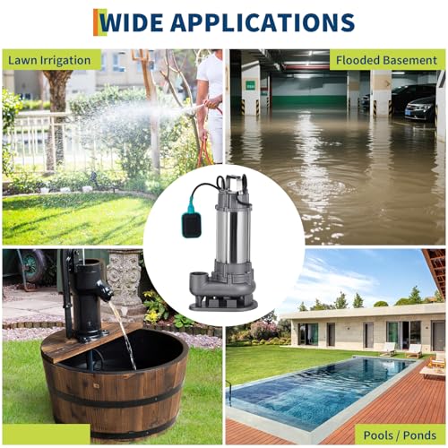 1/2 HP 4200 GPH Submersible Sewage Pump, Heavy Duty Cast Iron Effluent Pump with Automatic Tethered Float Switch, Sump Pump for Sump Basin, Basement, Residential