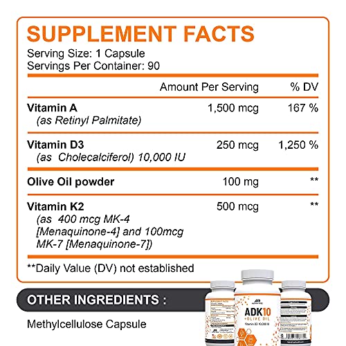 Alpha Rise Adk 10 Vitamin Supplement With Vitamins A + D3 (10,000 Iu) + K2 (Mk7+Mk4) + Olive Oil - 90 Capsules & Vegan Turmeric And Ginger Supplement - 1600Mg #TOP6