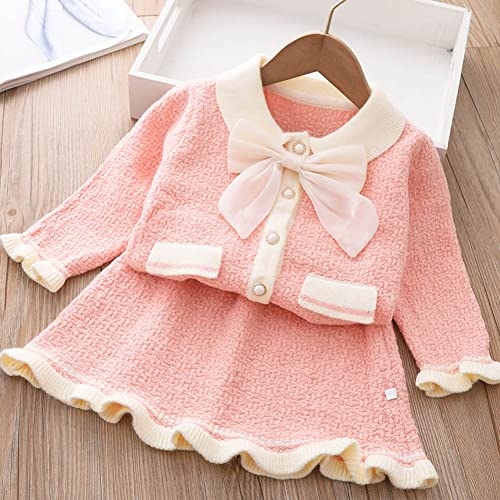 Baby Girls' Skirt Sets Toddler Baby Girls Outfit Knitted Buttons Sweater Tops Mini Skirt Bowknot Ruffle Long Sleeve Autumn Winter Clothes Set Suéter De Niña Pequeña Pink-Bowknot 12-18Months #TOP2