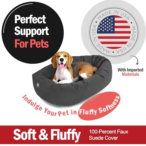 Image of Majestic Pet Suede Shredded Memory Foam Mix Calming Dog Bed Washable - Cozy Soft Round Dog Bed with Spine for Head Support - Fluffy Donut Dog Bed, 32 Inch, Gray
