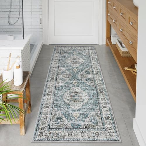 Uphome Bathroom Runner Rug, Distressed Tribal Farmhouse Blue Bathroom Mat,