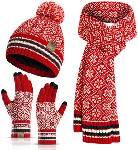 Winter Beanie Hat and Touchcreen Gloves for Women Neck Warmer Scarf Set Fleece Lined Skull Cap for Men 3Pcs