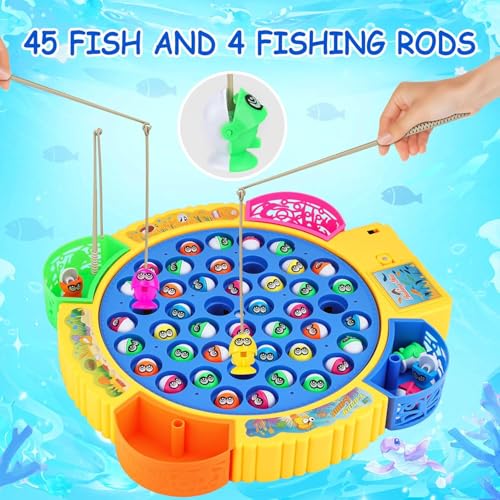 Elektrische Angelspiel,Fische Angeln Spiele Spielzeug,Angelspiel Fische Angeln Spiele Spielzeug mit 45 Fischen und 4 Angelruten,Kinder Lernspielzeug Geschenke für 3+ Jahre Jungen und Mädchen
