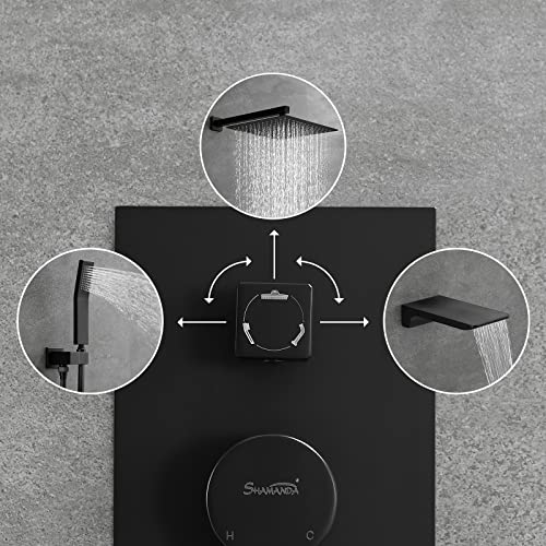 SHAMANDA Shower System with Waterfall Tub Spout and Handheld Shower Head, 12" Rain Shower Faucet Sets Complete with Shower Round-in Valve and Trim, Wall Mounted, Matte Black, L1001-7