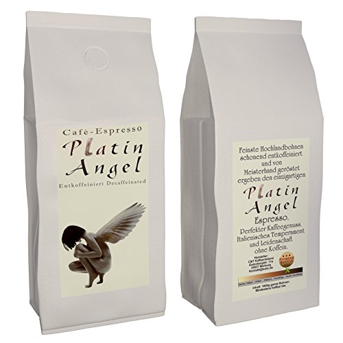 Espresso - Granos de café descafeinado 'Platin Ángel' (500 g de granos integrales) - Muy tostados - Bajo en acidez y saludable, recién tostados