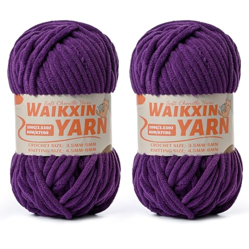Image of (2 Deep Purple) 2 Pack Super Soft Fuzzy Chenille Chunky Yarn for Crocheting, 200g (175yds) Velvet Fluffy Amigurumi Yarn for Hand Knitting Baby Blankets Weaving Craft