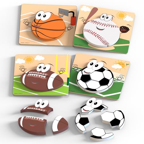 Wooden Sports Puzzles for Toddlers 2-4 | Wood Puzzles for Kids, Toddler Sports Toys for Toddlers, Basketball Toy, Football Toys, Baseball Toy, Soccer...