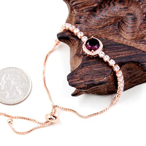 Image of Rose Plated Gold Brass Box Chain Cubic Zirconia Classic Tennis Slider Adjustable Bracelet, Round Big Zircon Charm Give Woman Mom Mother's Day Fashion Crystal Gift