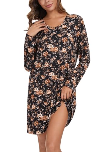 Image of Kabento 2 Pack Long Sleeve Nightgowns for Women Soft Cotton Night Gowns Sleepwear V Neck Nightshirts