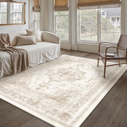 PureCozy Area Rug 5x7 Cream Washable Living Room Beige Carpet Non Slip Vintage Medallion Low Pile Soft Indoor Bedroom Retro Distressed Indoor Rug for Kitchen Home Office Laundry Dining Room