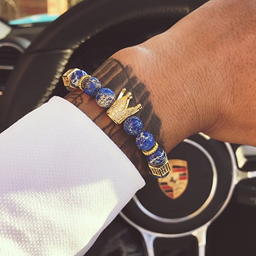 SEVENSTONE 8mm Crown King Charm Bracelet for Men Women Black Matte Onyx Stone Beads, 7.5"4