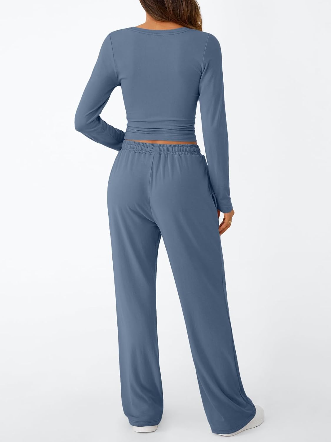 Trendy Queen Women's 2 Piece Matching Lounge Set Long Sleeve Side Ruching Top Wide Leg Drawstring Pants Set with Pockets - Image 4