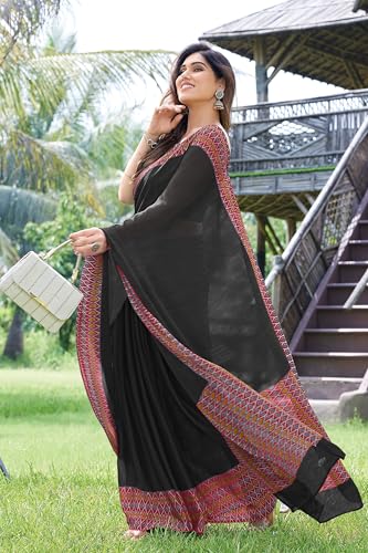 Image of MIRCHI FASHION Saree for Woman Chiffon Georgette Polka Dot Border | Plain Lightweight Women's Sari with Printed Pallu and Blouse Piece