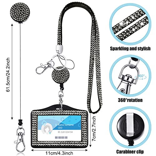 Rhinestone Lanyard Bling Id Card Holder 2 Sets Crystal Id Card Holder Retractable Id Badges Lanyards For Women Nurse Teacher (Black, Ore Grey,Horizontal Style) #TOP1