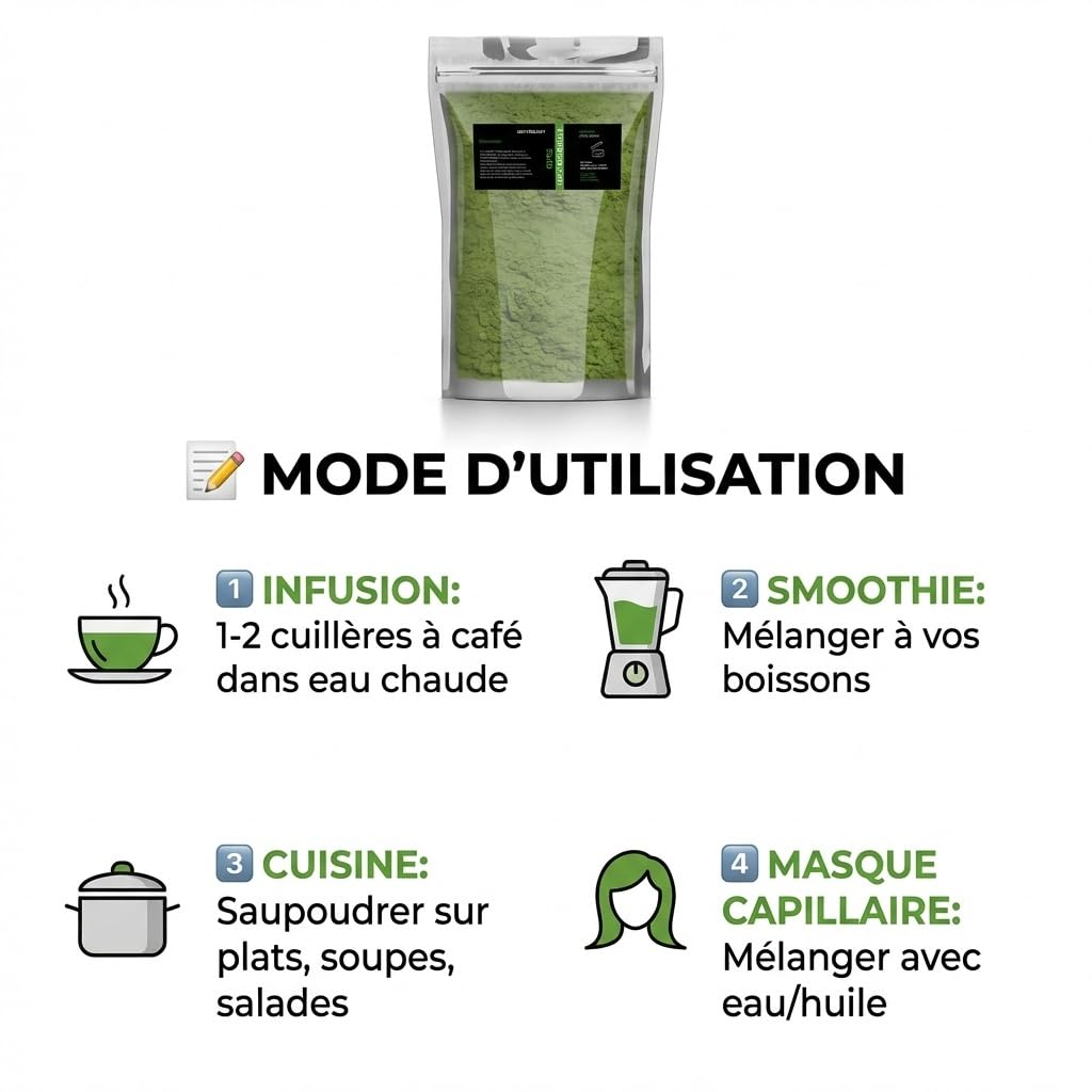 Poudre d’Ortie Séchée et Moulue – 1kg | Feuilles 100% Naturelles | Infusions, Cuisine & Soins Capillaires
