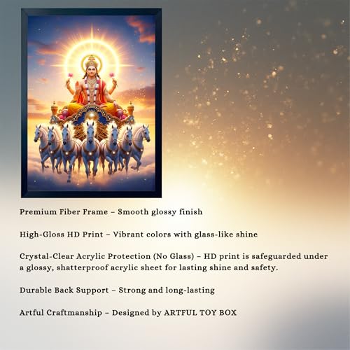 Image of ARTFUL TOY BOX - Surya Dev with Seven (7) Horses Photo Frame Wall Hanging | Divine Solar Chariot Design | Spiritual Surya Dev Painting | Premium Black Fiber Frame | Glossy Finish | Devotional Home Decor - 12x18 Inch (30x45 cm) (Design 1)