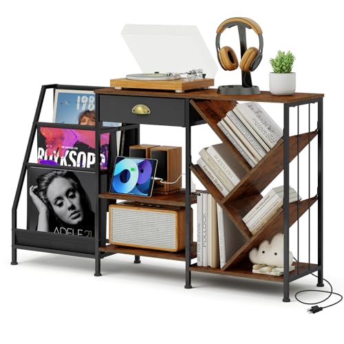 ELECWISH Record Player Stand with Vinyl Storage, 4-Tier AV Media Cabinet with Drawer, Stereo Racks with LED Light and Power Strips, Corner Entertainment Center, Rustic Brown