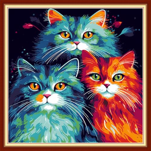 Image of Joyhoor Stamped Cross Stitch Kits for Beginners Needlepoint Kits for Adults Embroidery Kits 11CT Counted Cross Stitch Kits Printed Embroidery Pattern-Colorful Cat 18x18 inchs