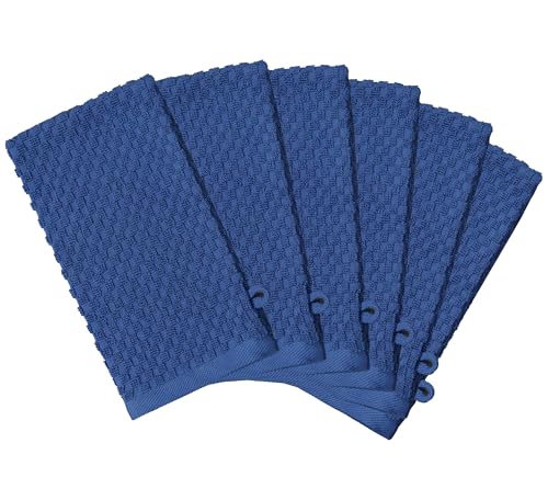 COTTON CRAFT Bath Mitt - Exfoliating Glove - Set of 6 Euro Spa Waffle Weave Towel Mitts - 100% Cotton Body Shower Glove Washcloth with Hanging Loop - Sensitive Skin Friendly - Large 5.5x10 - Blue