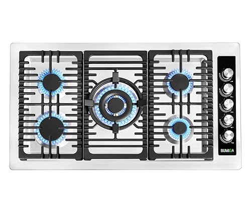 BUMIGA 36 In Gas Cooktop Stainless Steel White LED knobs, 270 degree valve, Pot rack, 5 Italy SABAF Sealed Burners counter-Top Cooker, Cast Iron Grate, Built-In Hob, Flame Failure Protection, NG/LPG BUMIGA 36 In Gas Cooktop Stainless Steel White LED knobs, 270 degree valve, Pot rack, 5 Italy SABAF Sealed Burners counter-Top Cooker, Cast Iron Grate, Built-In Hob, Flame Failure Protection, NG/LPG
