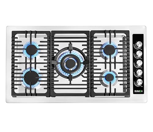 BUMIGA 36 In Gas Cooktop Stainless Steel White LED knobs, 270 degree valve, Pot rack, 5 Italy SABAF Sealed Burners counter-Top Cooker, Cast Iron Grate, Built-In Hob, Flame Failure Protection, NG/LPG