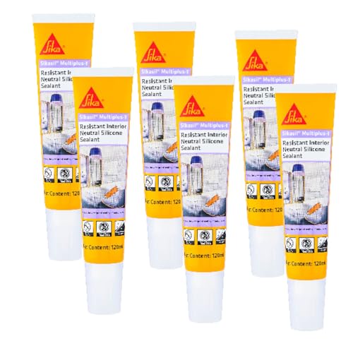 Image of SIKA - Pack of 6 Universal silicone sealant - Sikasil Multiplus-T - Sanitary sealant - Anti-mould - anti-fungicide - For kitchens and bathroom - Clear - 120ml
