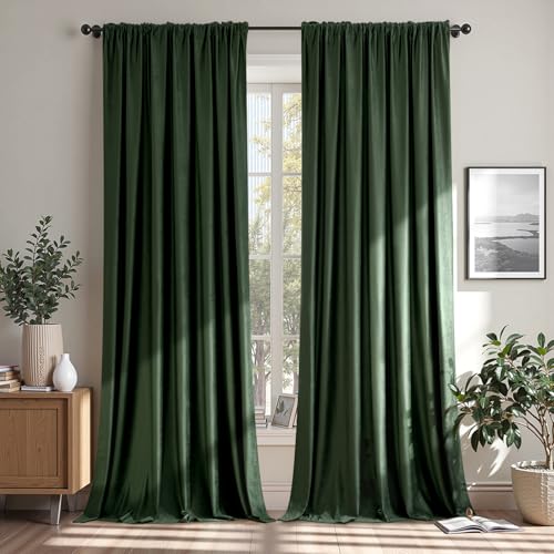Image of MIULEE Olive Green Blackout Velvet Curtains Drapes 96 Inch Long 66 inchx96 inch | Luxurious Bedroom Living Room Decor, Room Darkening, Thermal Insulated, Rod Pocket Design, Super Soft Fabric