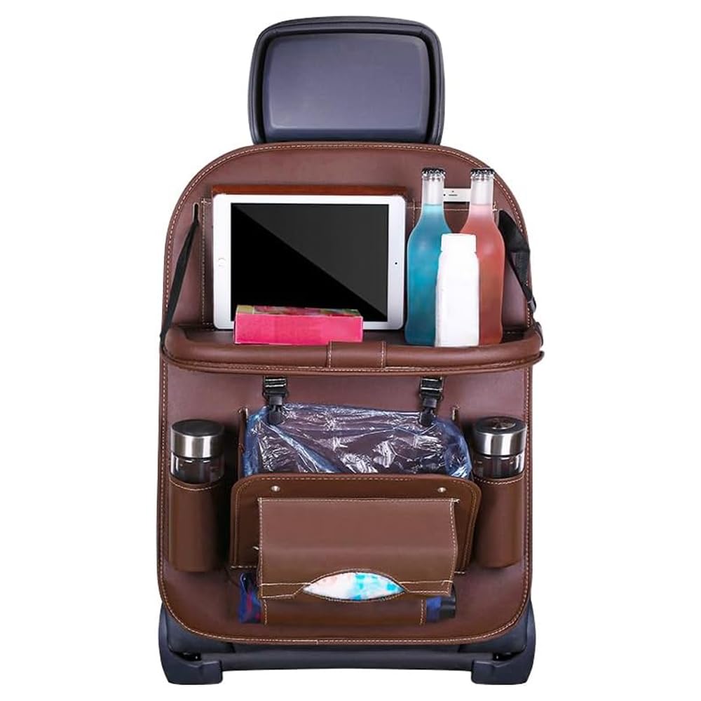 EJHJH Car Backseat Organiser for Opel Astra, Car Seat Organiser Foldable Car Boot Organiser PU Leather Kick Mat,Brown